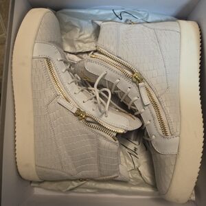 Giuseppe Zanotti White Croc-Embossed High-Top Sneakers with Gold Zippers